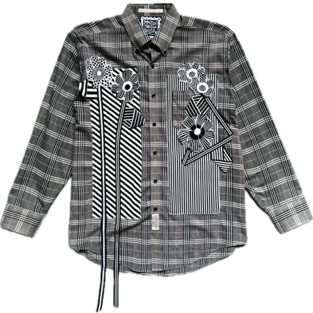 Mondo Guerra One-of-a-Kind Upcycled Long-Sleeve Grey Plaid Shirt w/Applique L/XL